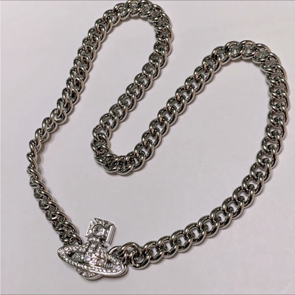 Vivienne Westwood silver tone chunky chain crystals signature necklace - Picture 3 of 11
